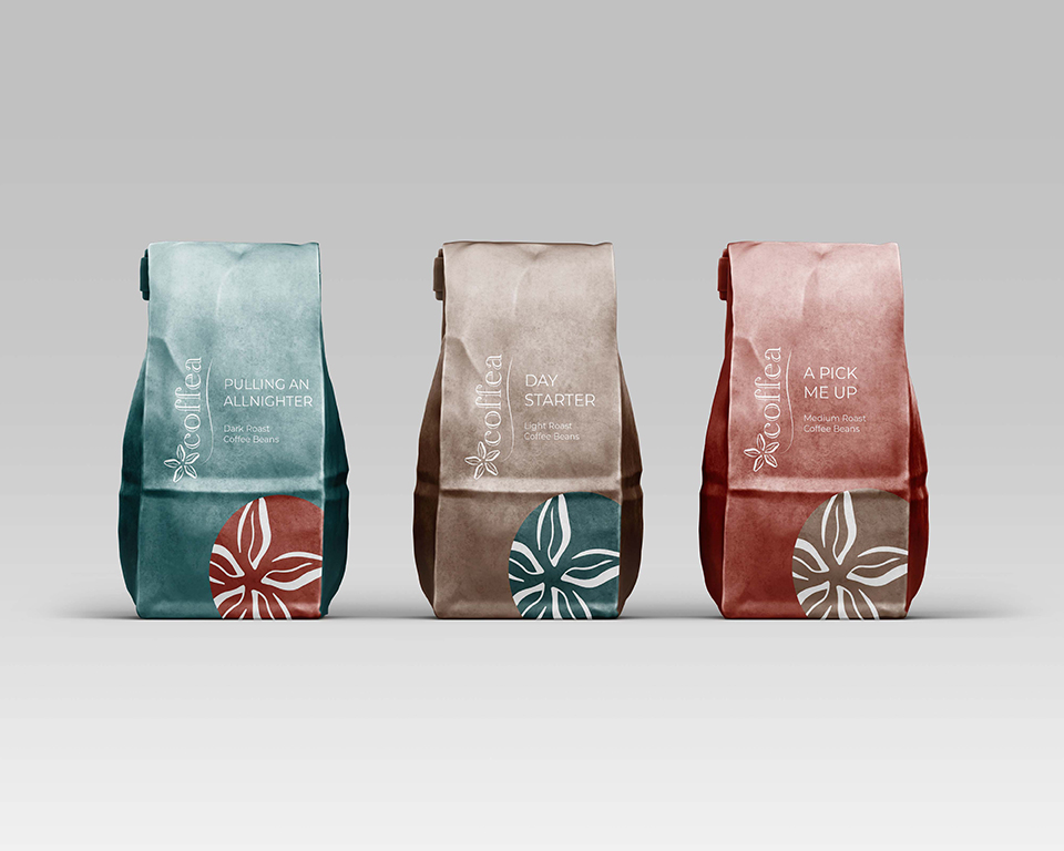 three coffee bags designed by Long in various colors